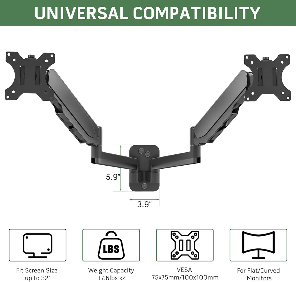 Dual Monitor Wall Mount for Two 17-32 Inch Screens, Height Adjustable, VESA 75/100 Y584