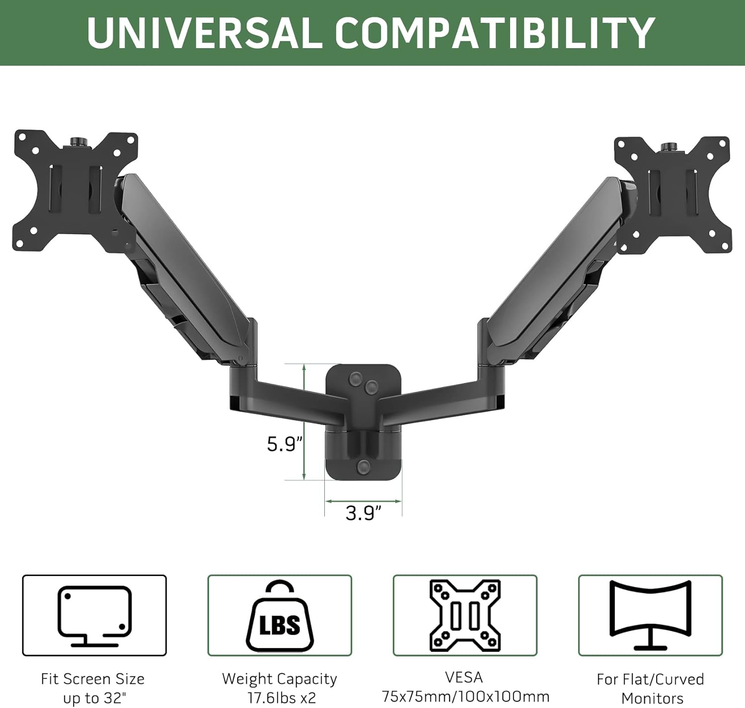 Dual Monitor Wall Mount for Two 17-32 Inch Screens, Height Adjustable, VESA 75/100 Y584