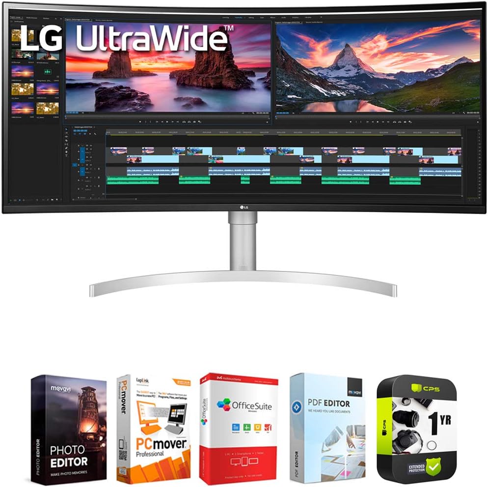 LG 38WN95C-W 38 inch UltraWide QHD+ IPS Curved Monitor NVIDIA G-SYNC Compatible Bundle with 1 YR CPS Enhanced Protection Pack and Elite Suite 18 Standard Editing Software Bundle
