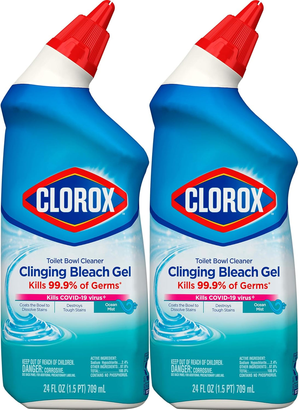 Toilet Bowl Cleaner, Clinging Bleach Gel, Ocean Mist, 24 oz, 2-Pack C6164