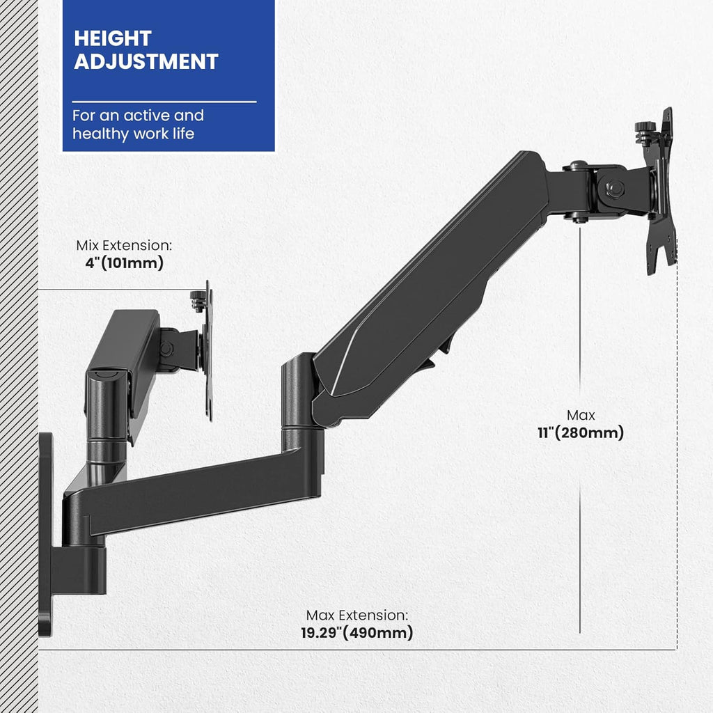 Dual Monitor Wall Mount, Gas Spring Arm for 17-32 Inch Screens, Full Motion Adjustable, Black R694178