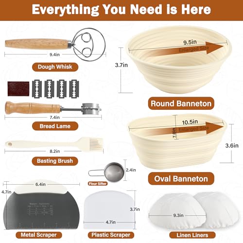 Sourdough Bread Proofing Basket Set with Linen Liner, 9.5 Inch Round and 10.5 Inch Oval X97259