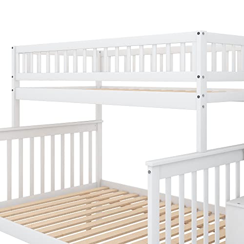 Twin Over Twin/Full Bunk Bed with Trundle and Drawers, Solid Wood Staircase, White C353971