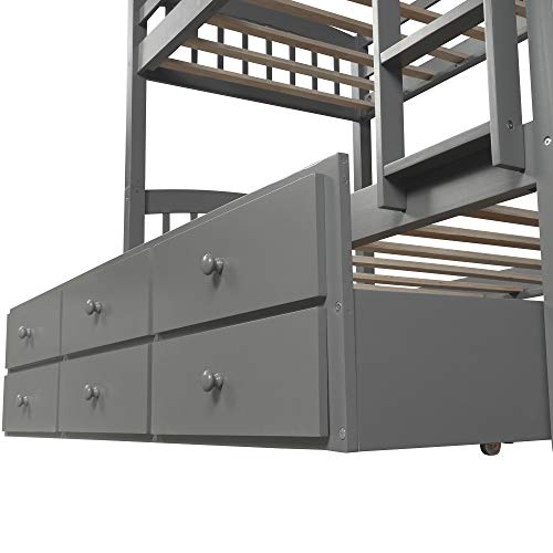 Twin Over Twin Bunk Bed with Storage Drawers and Trundle, Solid Wood Frame F2716