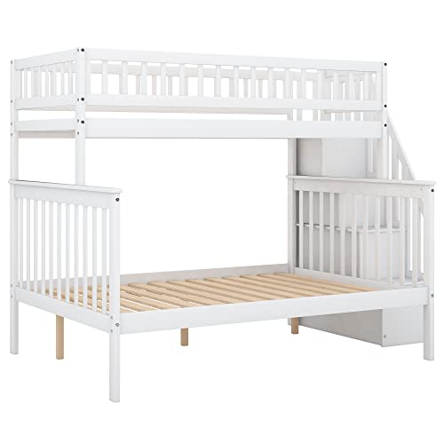 Twin Over Twin/Full Bunk Bed with Trundle and Drawers, Solid Wood Staircase, White C353971