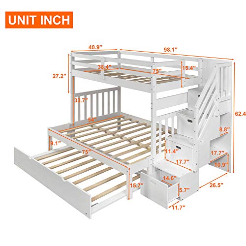 Twin Over Twin/Full Bunk Bed with Trundle and Drawers, Solid Wood Staircase, White C353971