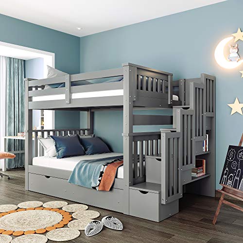 Twin Over Twin/Full Bunk Bed with Trundle and Drawers, Solid Wood Staircase, White C353971