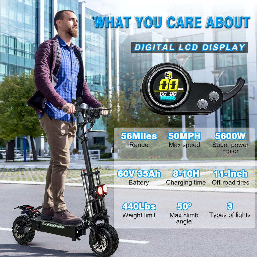 Electric Scooter for Adults with Seat, 50 MPH, 60+ Miles Range, Foldable, 11" Fat Tires L6576