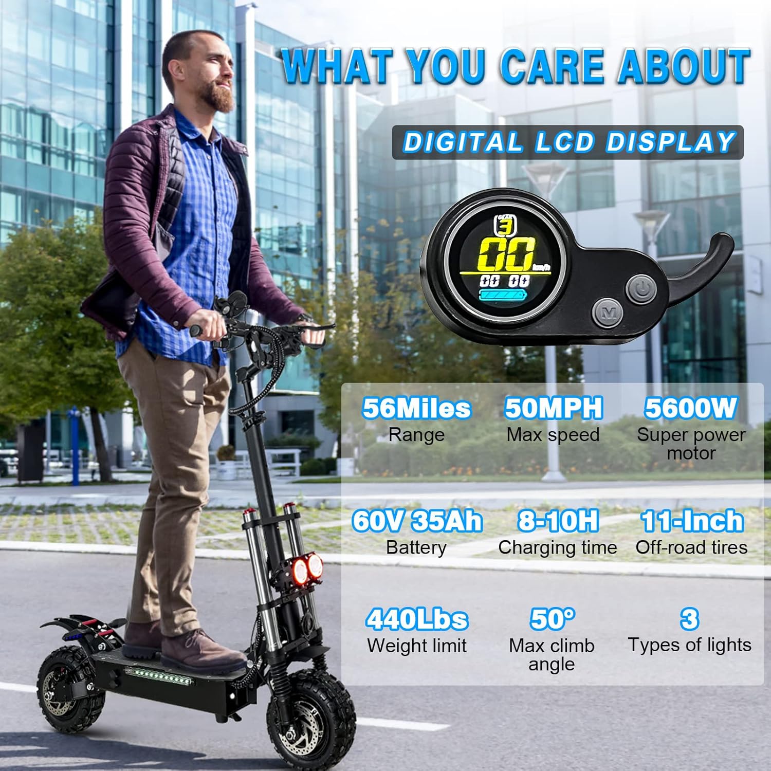 Electric Scooter for Adults with Seat, 50 MPH, 60+ Miles Range, Foldable, 11" Fat Tires L6576