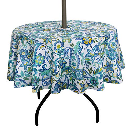 Round Outdoor Tablecloth with Umbrella Hole-Waterproof Fitted Table Cover with Elastic Zippered Wipeable Tablecloth,Fits 45"-54" Diameter for Picnic,Patio,Garden(Yellow Flower)