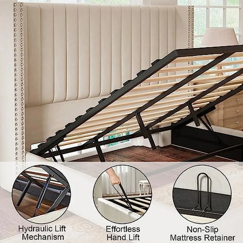 Queen Bed Frame Lift Up Storage Bed, Velvet Upholstered with Wingback Headboard S23471