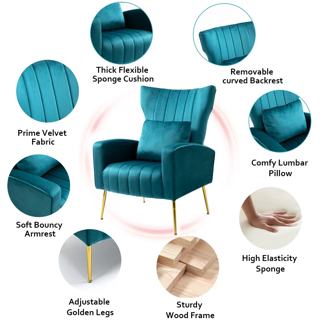 Velvet Accent Chair Set of 2 with Lumbar Pillow, High Back, Metal Legs N73734