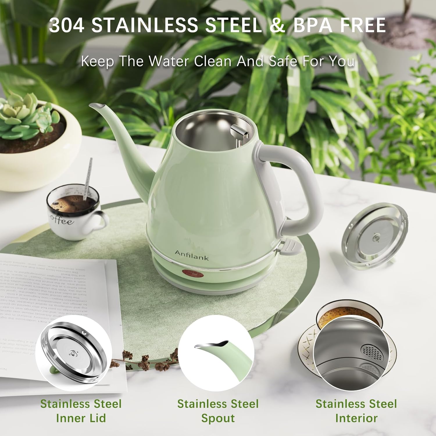 Gooseneck Electric Kettle, 1L Stainless Steel, Auto Shut-Off D458