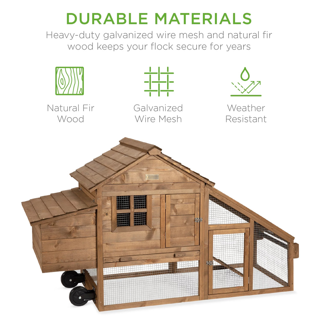Mobile Fir Wood Chicken Coop Tractor Hen House with Wheels, Nest Box, Removable Tray E1650
