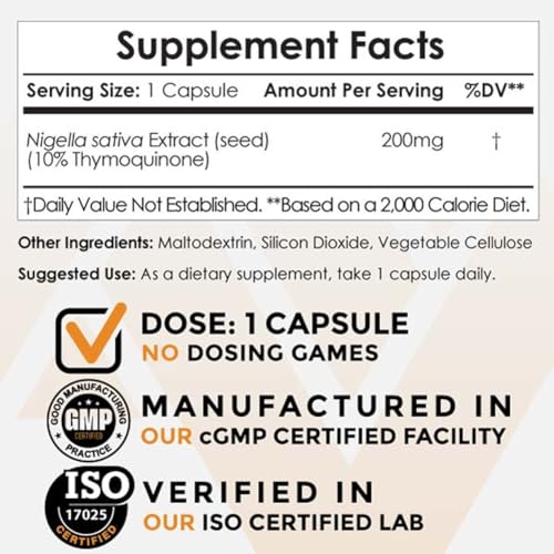 Nigella Sativa Extract Capsules 200mg, 120 Count J906