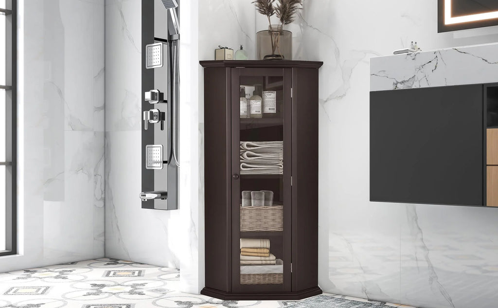 Corner Bathroom Cabinet with Glass Door, MDF Painted Finish Q939