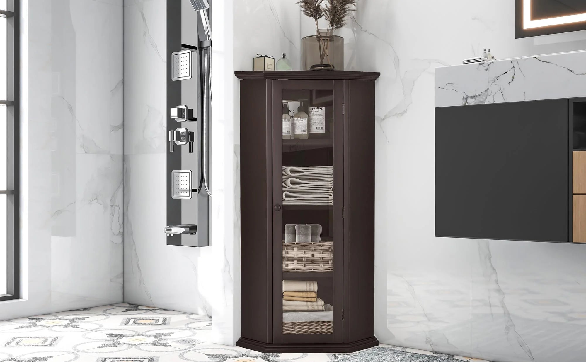 Corner Bathroom Cabinet with Glass Door, MDF Painted Finish Q939