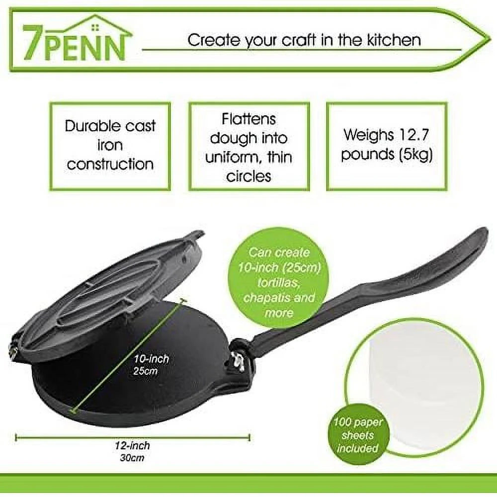 Cast Iron Tortilla Press 10 Inch with 100 Cooking Sheets T3027