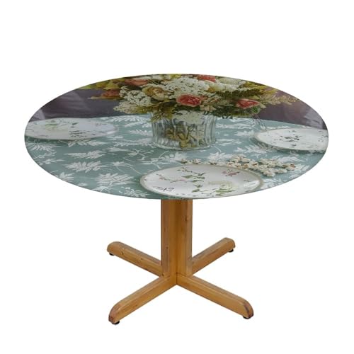 Round Vinyl Fitted Tablecloth with Flannel Backing and Elastic Edge I97146