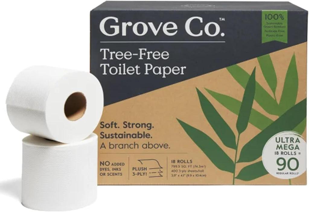 Grove Co. Bamboo Toilet Paper Tree Free & Septic Safe Bath Tissue, Ultra Soft, Durable, & Absorbent 3 Ply Sheets (1 Roll = 44.4 sq ft) Bulk Toilet Paper (Pack of 18 Rolls)