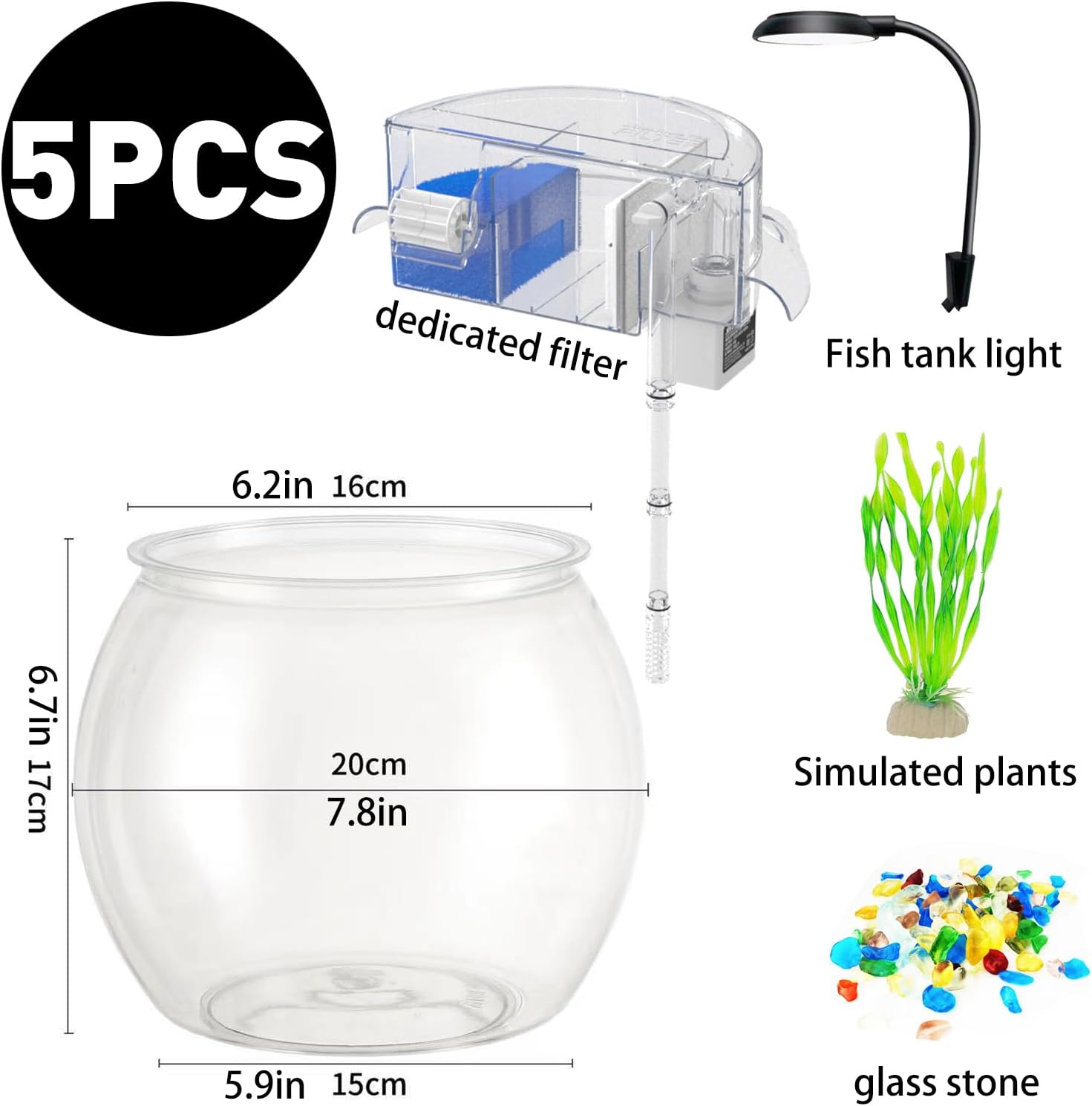 1 Gallon Small Fish Tank Break-Resistant Plastic Round Bowl with Filter and Light N865308