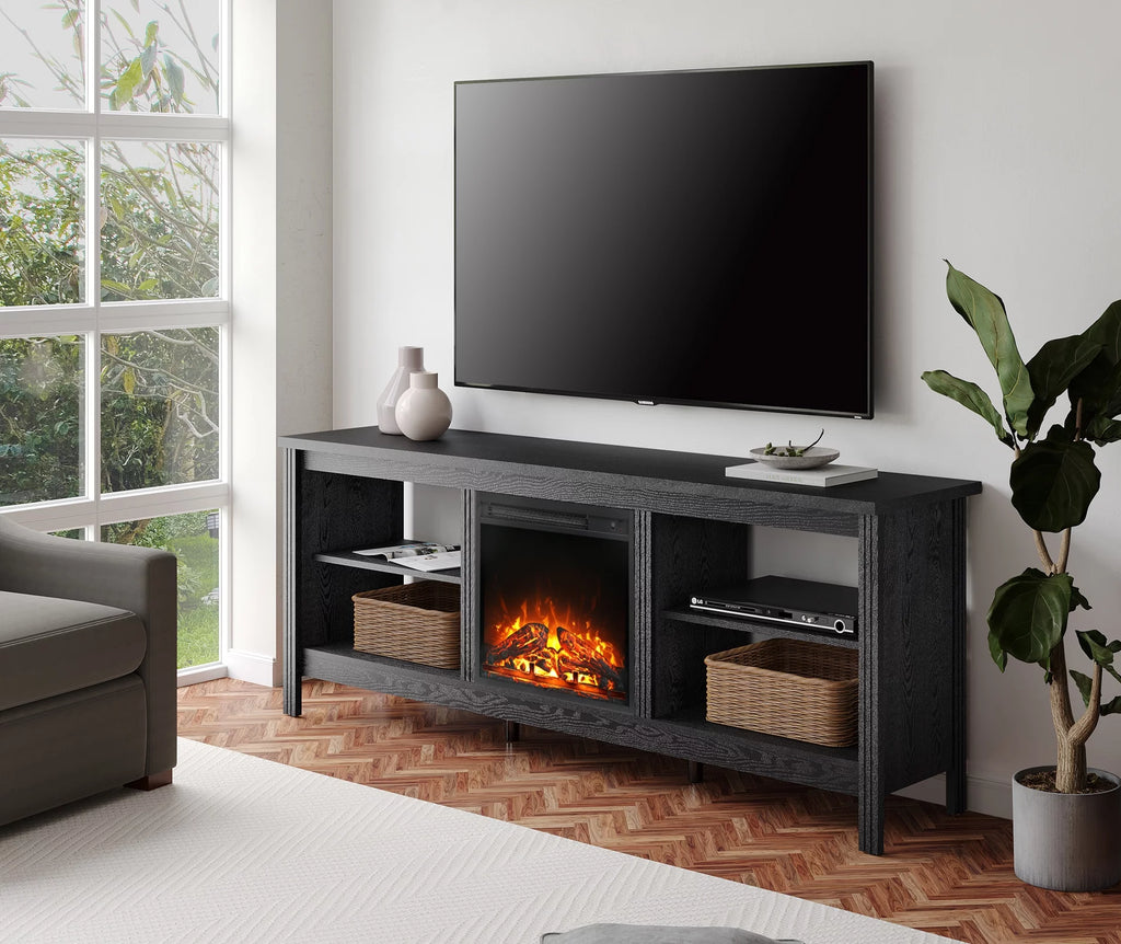 Wood Entertainment Center for TVs up to 80 Inch with Electric Fireplace, Black R153497
