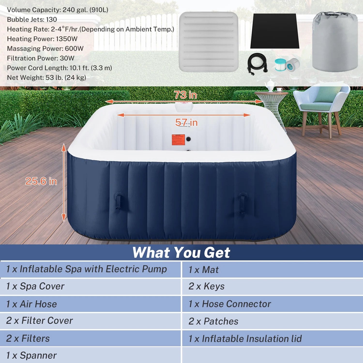Inflatable Hot Tub for 6 Person, Portable Spa with Cover and Storage Bag U7248