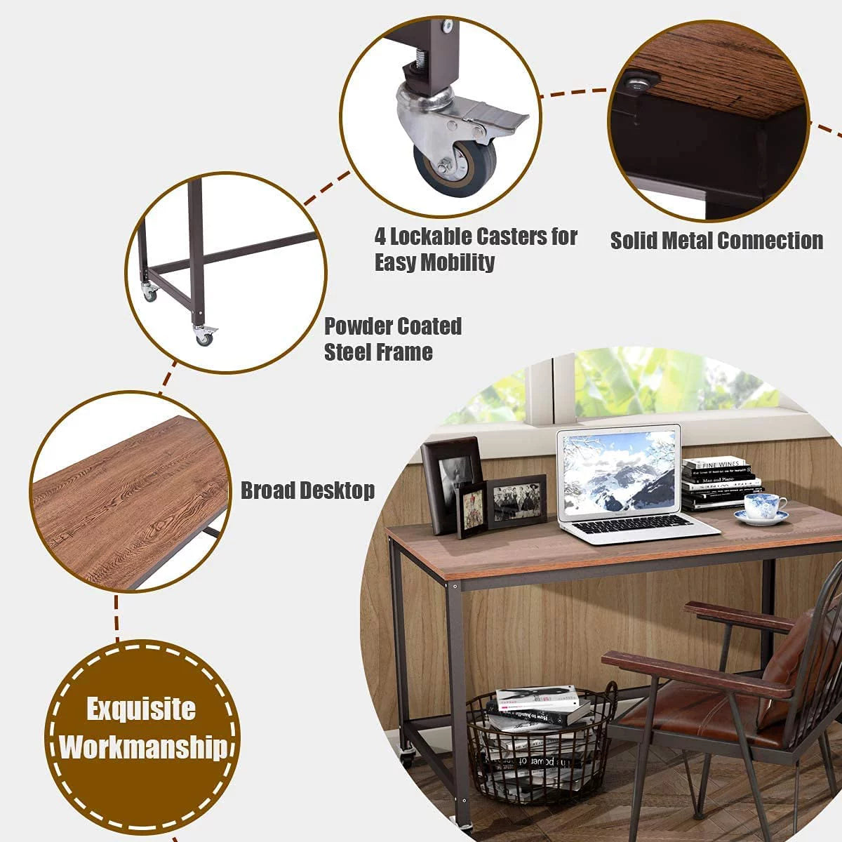 Rolling Computer Desk with 4 Smooth Wheels J628836