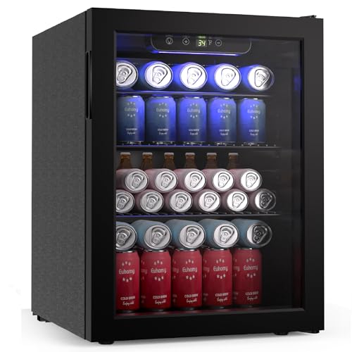 EUHOMY 100 Can Beverage Refrigerator cooler-Mini Fridge Glass Door for Beer Drinks Wines, Freestanding Beverage Fridge with Adjustable Shelves Blue LED for Home/Office/Dorm/Bar, 2.7 cu.ft