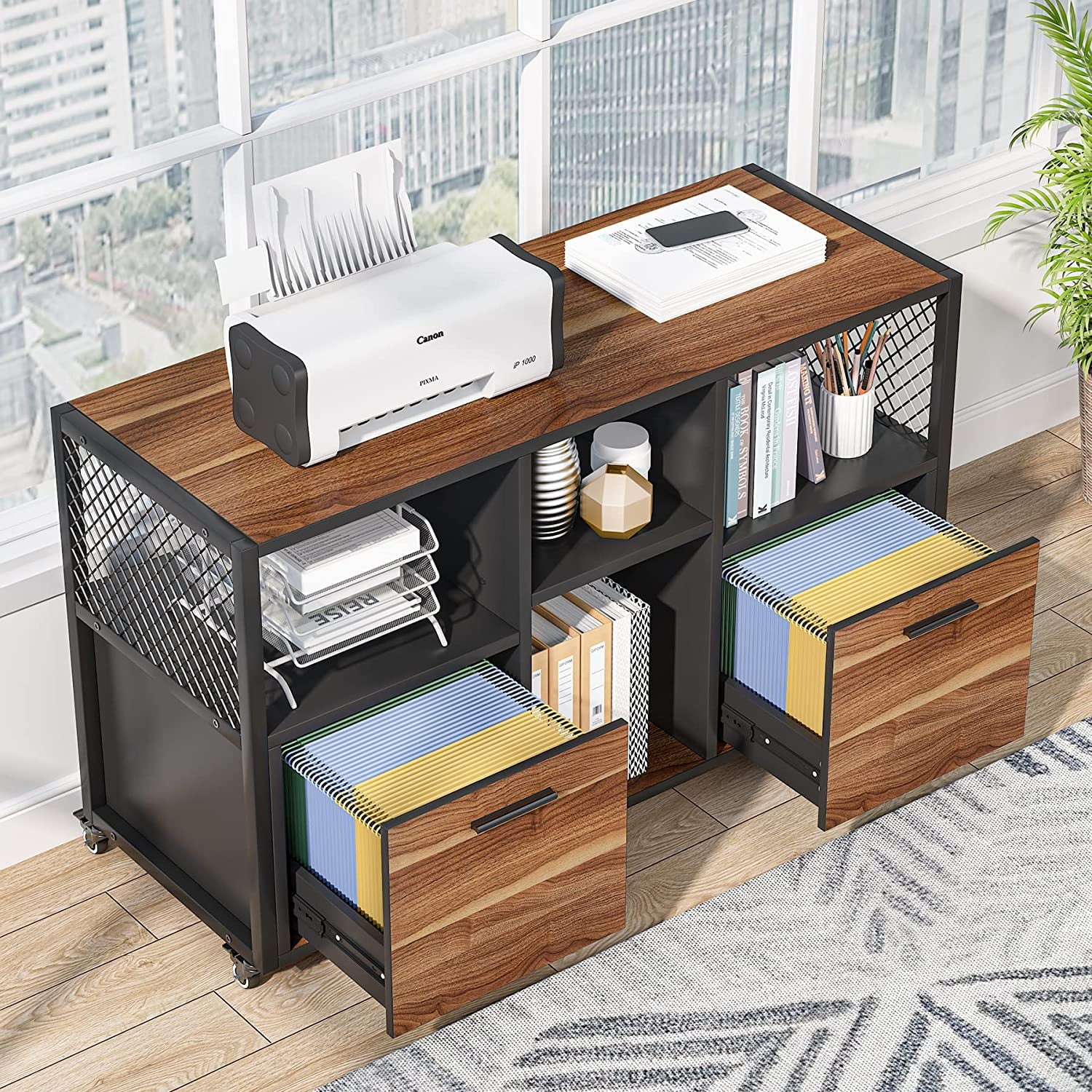 2 Drawer Wood File Cabinet, Mobile Lateral Filing, Rustic Brown D380