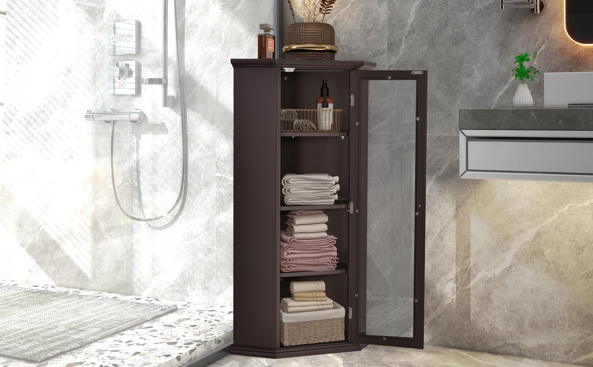 Corner Bathroom Cabinet with Glass Door, MDF Painted Finish Q939