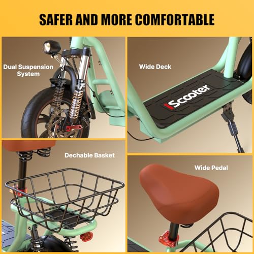 Electric Scooter with Seat, Long Range, Adjustable Handlebar, Dual Suspension J439
