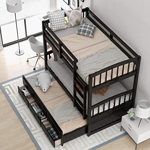 Twin Over Twin Bunk Bed with Storage Drawers and Trundle, Solid Wood Frame F2716