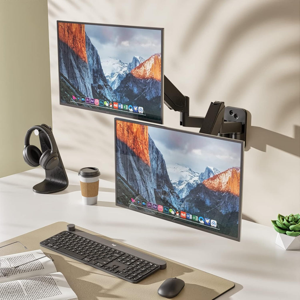 Dual Monitor Wall Mount, Gas Spring Arm for 17-32 Inch Screens, Full Motion Adjustable, Black R694178