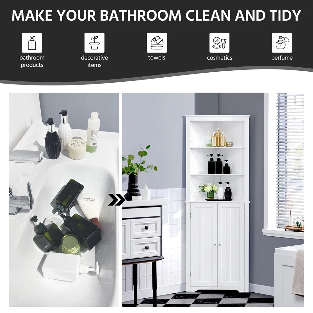 White Wooden Corner Cabinet with Open Shelf for Bathroom M97185
