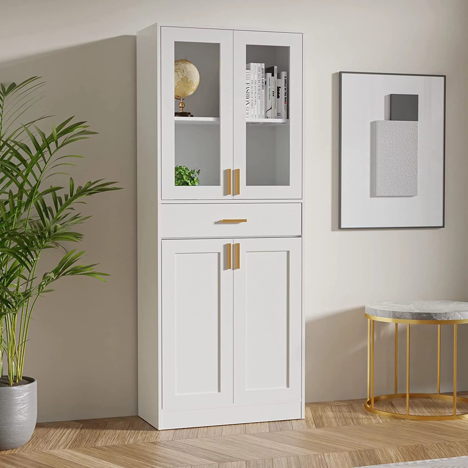 Cozy Castle 70" Tall White Display Cabinet, Pantry Cabinet with Acrylic Glass Doors and Drawer, China Cabinet, Office Storage Cabinet, Bookcase