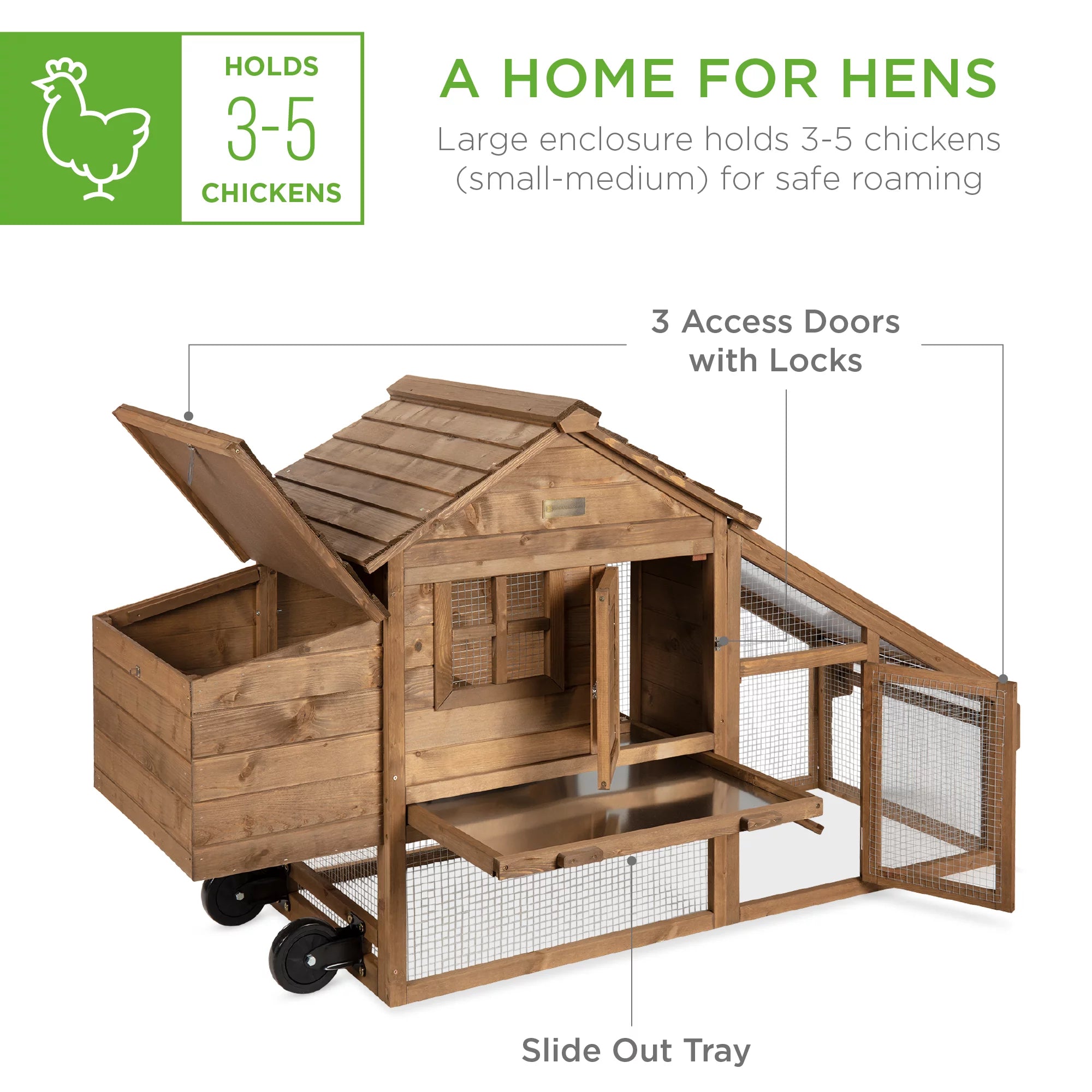 Mobile Fir Wood Chicken Coop Tractor Hen House with Wheels, Nest Box, Removable Tray E1650