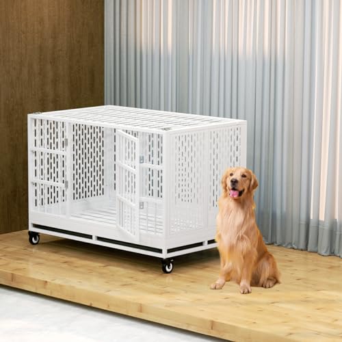 48 Inch Heavy Duty Dog Crate with Wheels, Folding Metal Cage for Large Dogs F752