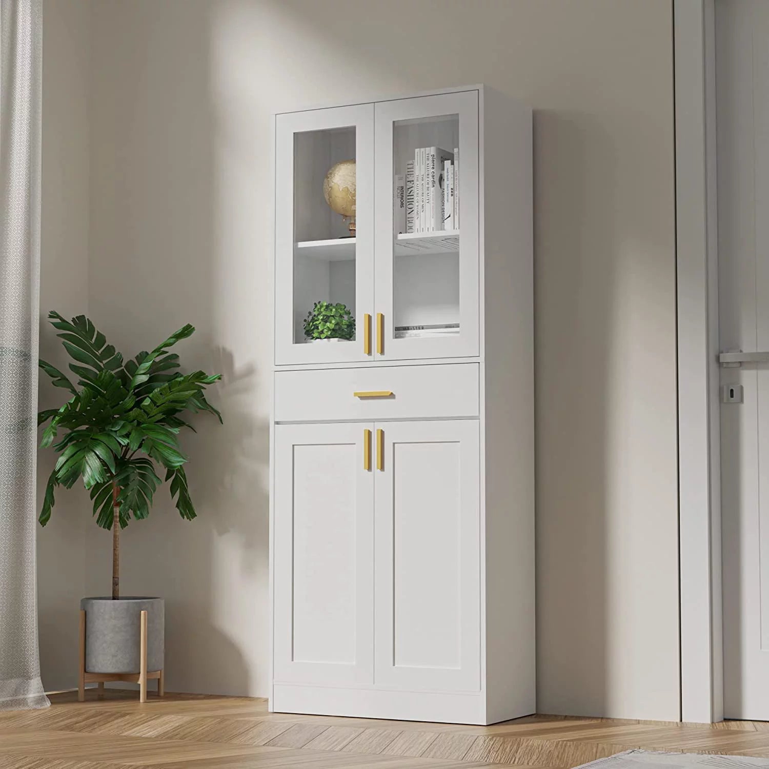 White Display Cabinet with Acrylic Glass Doors and Drawer T342899