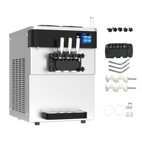 Commercial Ice Cream Maker Machine 2450W Soft Serve Ice Cream Machine 5.3 to 7.4 Gal/H 3 Flavors 110V Ice Cream Machine with Pre-cooling, Auto Clean,LCD Panel for Snack Bar Restaurants