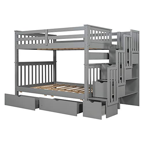 Twin Over Twin/Full Bunk Bed with Trundle and Drawers, Solid Wood Staircase, White C353971