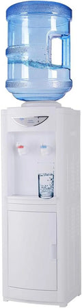 Hot & Cold Water Dispenser，Water Cooler Dispenser 5 Gallon Top-Loading Water Coolers with Child Safety Lock Removable Drip Tray & Storage Cabinet for Home Office (White)