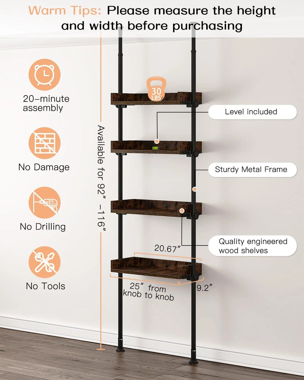 Over-the-Toilet Storage, 4-Tier Adjustable Wood Shelves, Rustic Brown U368492