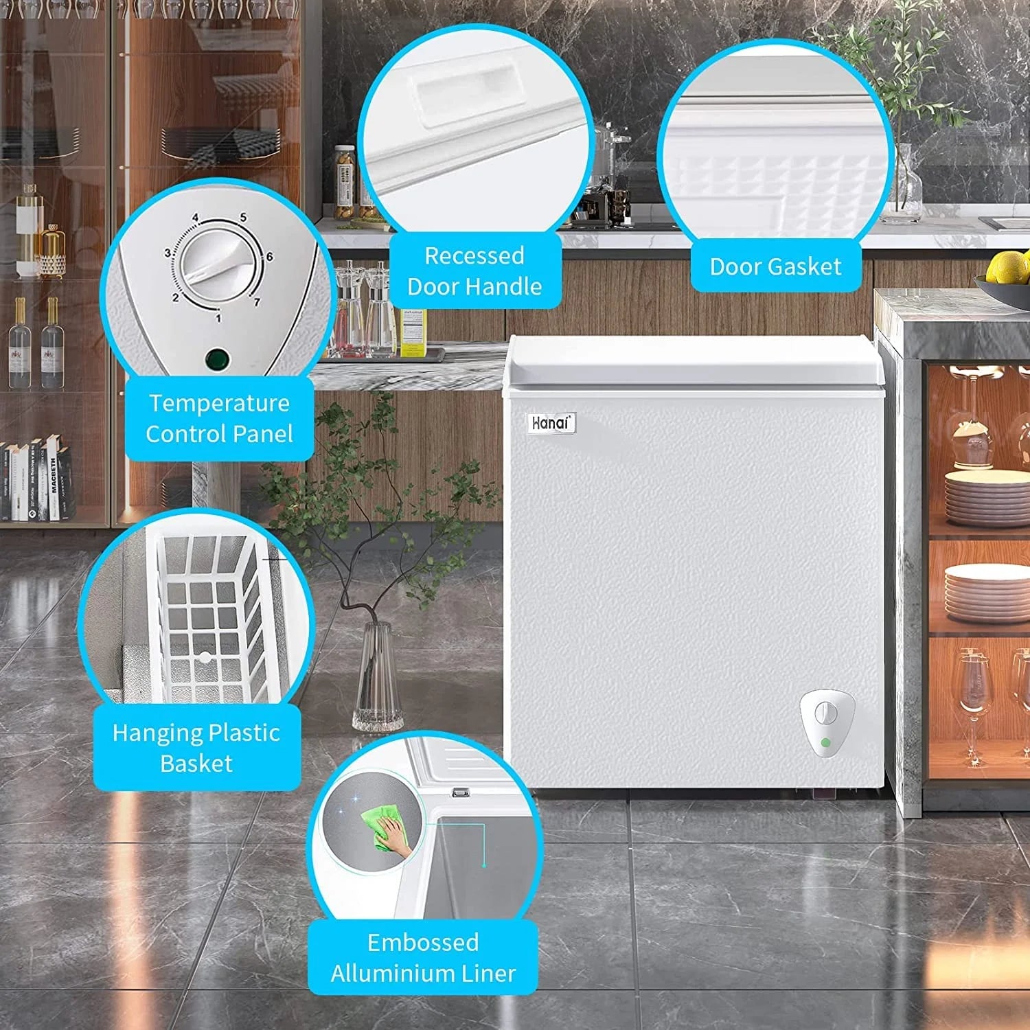Compact Chest Freezer with Top Open Door and Removable Basket R7666