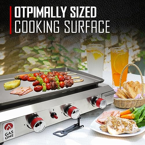 26 Inch Flat Top Gas Grill with 3 Burners, Propane, Stainless Steel Tabletop with Pre Season Griddle I61934