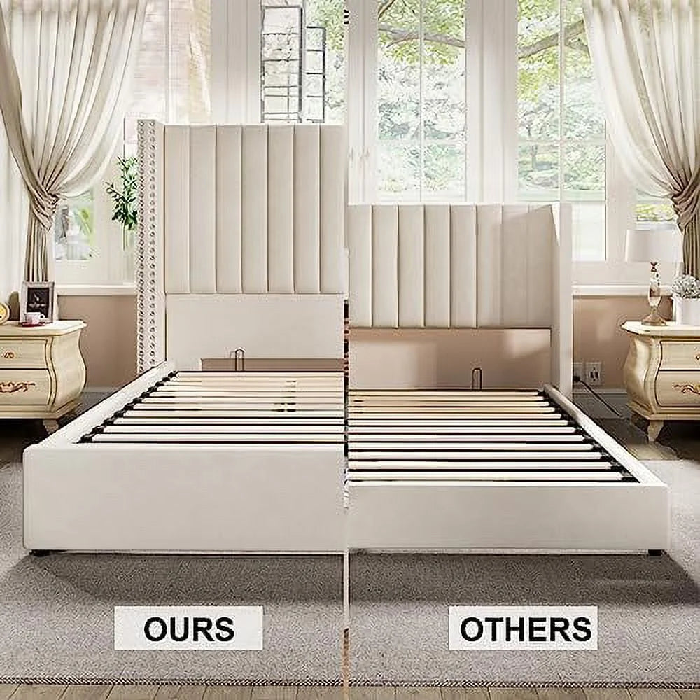 Queen Bed Frame Lift Up Storage Bed, Velvet Upholstered with Wingback Headboard S23471