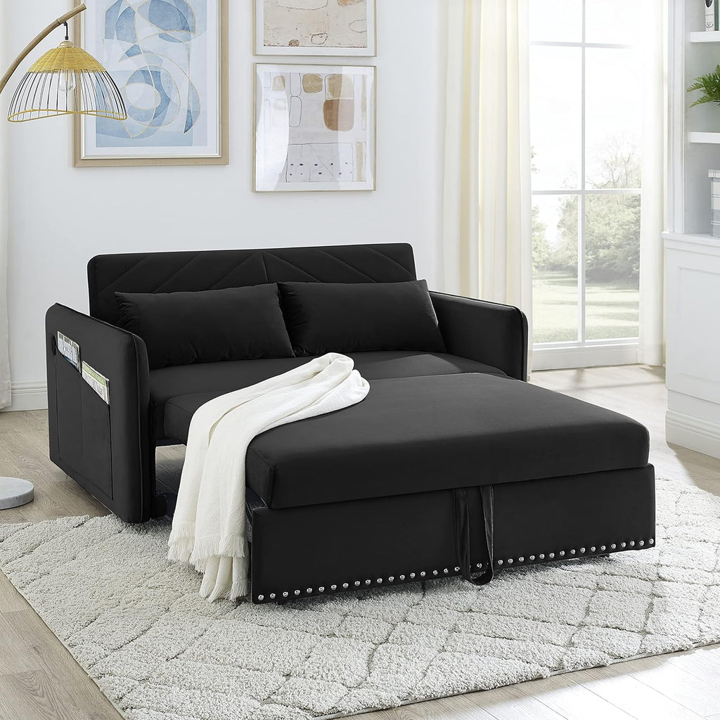 DHHU Convertible, 3 in 1 Velvet Loveseat Sleeper Sofas Couch with Pull Out Beds, Small Love seat with Adjustable Backrest, Lumbar Pillows & Side Pocket for Living Room, Black