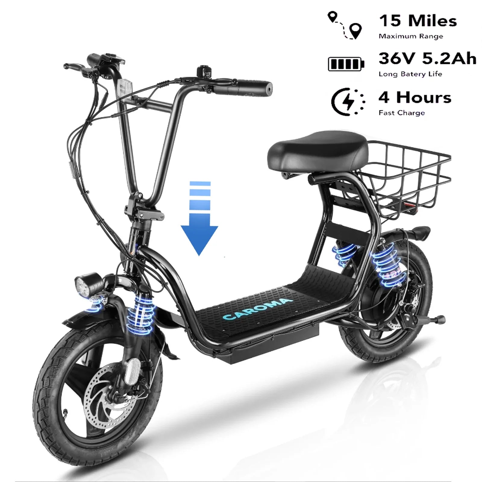 Caroma Peak 500W Adults Electric Scooter with Seat, 14" Off-road Tires, 3 Speeds 20 MPH Max, 15 Miles Range Folding Electric Scooter, Black