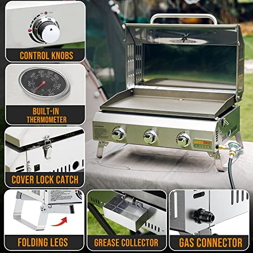 Portable Propane Gas Griddle 3-Burner with Foldable Cart and Side Table, Flat Top Grill Stove with Lid N3550