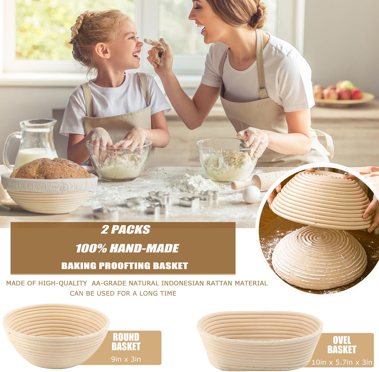 Banneton Bread Proofing Baskets Set, 9 Inch Round & 10 Oval, with Lame, Danish Whisk, Liners F325